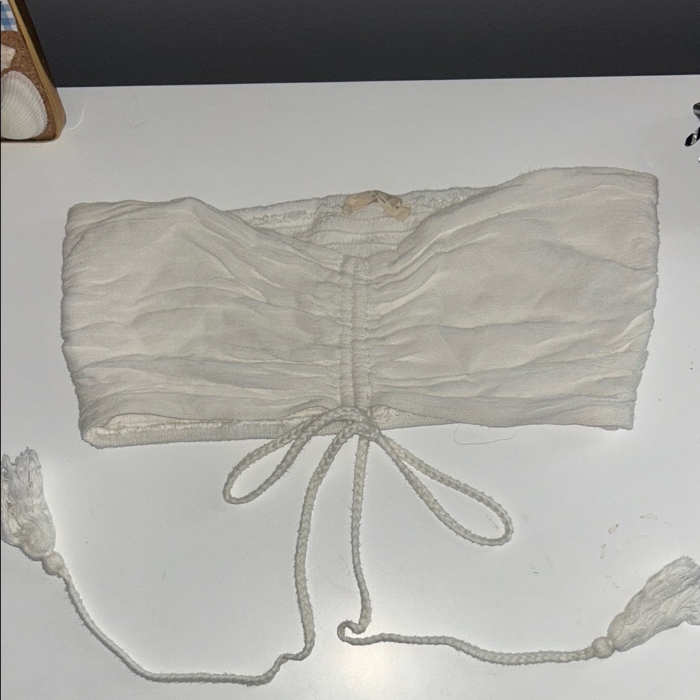 ILLA ILLA Cream Ruched Tube Top with Tassel Ties